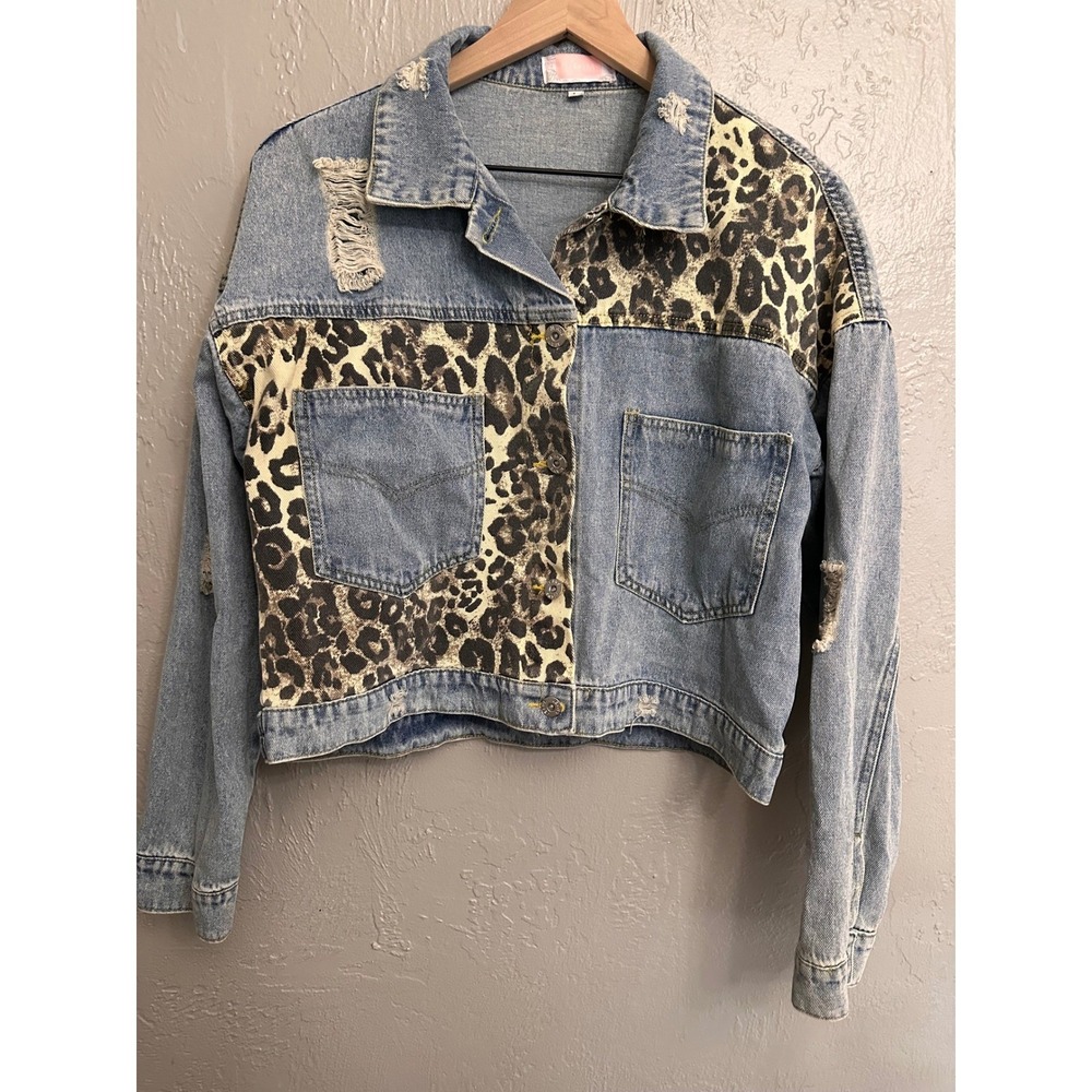 Leopard Print Distressed Patchwork Denim Oversized Retro Boho Western Jacket L